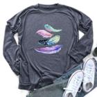 Feather Print Round-neck Long-sleeve T Shirt