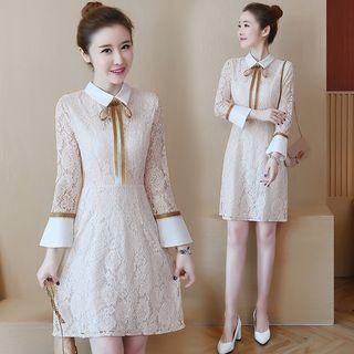 Contrast Trim Tie-neck Lace Dress
