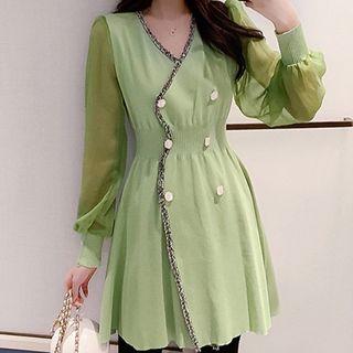 Panel Sleeve Fray Trim Buttoned Knit Dress