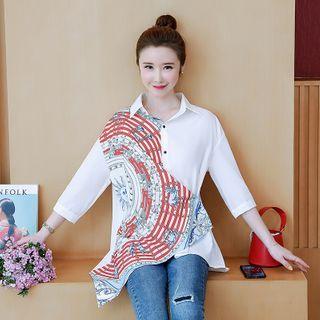 3/4-sleeve Asymmetric Printed Shirt