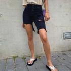 Asymmetric-hem Distressed Slim-fit Shorts