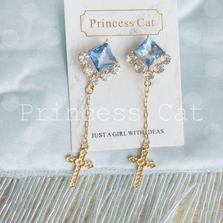 Rhinestone Cross Dangle Earring 925 Silver Earring - Rhinestone - Sapphire Blue - One Size