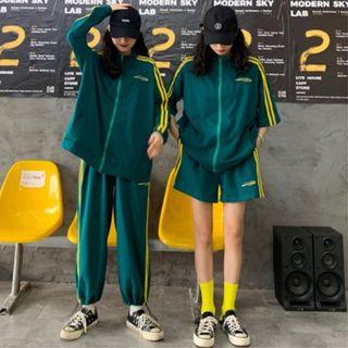 Striped Zip Jacket / Cropped Harem Pants / Wide-leg Shorts / Set