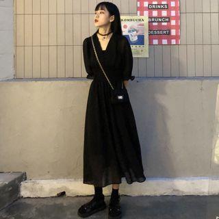 Elbow-sleeve Chiffon Midi Dress Black - One Size