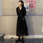 Elbow-sleeve Chiffon Midi Dress Black - One Size