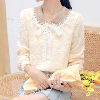 Faux Pearl Collared Ribbon Lace Blouse