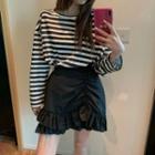 Long-sleeve Striped T-shirt / Ruffled Mini A-line Skirt