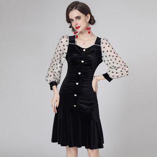 Mock Two-piece Puff-sleeve Dotted Shirred Bodycon Dress