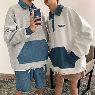 Couple Matching Denim Panel Polo Sweatshirt