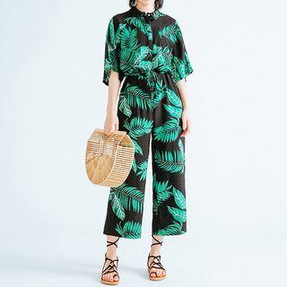 Elbow-sleeve Leaf Print Cropped Jumpsuit