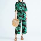 Elbow-sleeve Leaf Print Cropped Jumpsuit