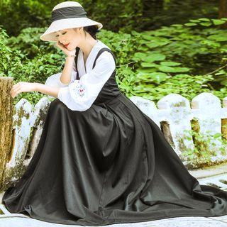 Set: 3/4-sleeve Embroidered Top + Sleeveless A-line Midi Dress