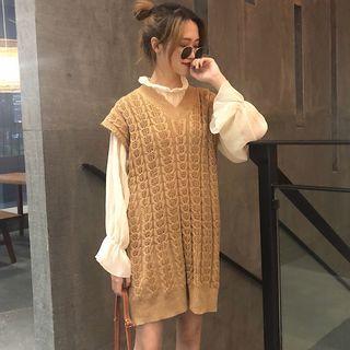 Ruffle Trim Chiffon Blouse / V-neck Sleeveless Knit Dress