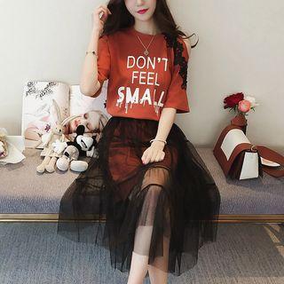 Set: Short-sleeve Lettering T-shirt + Midi Mesh Skirt