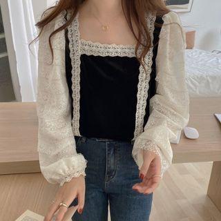Puff-sleeve Lace Blouse Black - One Size