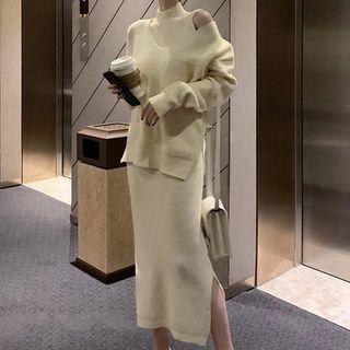 Mock-neck Sleeveless Midi Knit Dress / V-neck Sweater