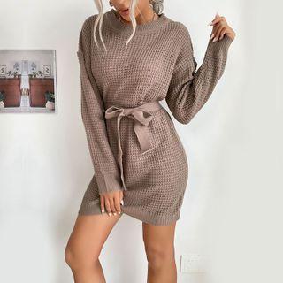 Plain Long Sleeve Tie-waist Knit Dress