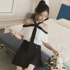 Set: Bow Off-shoulder Elbow-sleeve Top + A-line Skirt