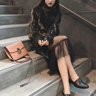 Set: Velvet Turtle-neck Pom Pom Long-sleeve Dress + Mesh Skirt