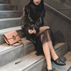 Set: Velvet Turtle-neck Pom Pom Long-sleeve Dress + Mesh Skirt