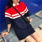 Color Block Elbow-sleeve Polo Shirt Dress