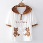 Short-sleeve Bear Embroidered Hooded T-shirt White - One Size
