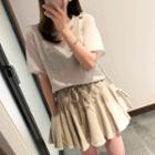 Plain Short Sleeve Knit T-shirt / Flared Skirt