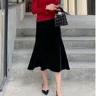 Ruffle Hem Midi Straight-fit Velvet Skirt