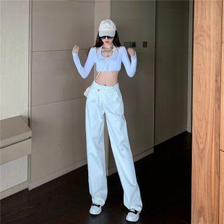 Halter-neck Cropped Camisole Top / Long-sleeve Cropped T-shirt / Harem Pants / Set