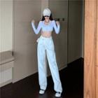 Halter-neck Cropped Camisole Top / Long-sleeve Cropped T-shirt / Harem Pants / Set