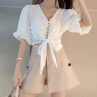 Set: Lace-up Elbow-sleeve Blouse + High Waist Skort