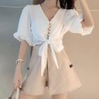 Set: Lace-up Elbow-sleeve Blouse + High Waist Skort