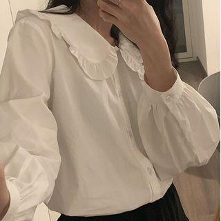 Puff Long-sleeve Peter Pan Collar Plain Shirt