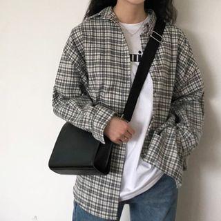 Gingham Open-placket Button Long Shirt Blue - One Size