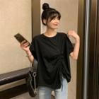 Short-sleeve Plain Asymmetric Drawstring T-shirt