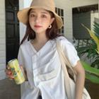 Short-sleeve Asymmetric Shirred V-neck Blouse