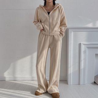 Knit Set: Zip-up Hoodie + Slit Wide-leg Pants