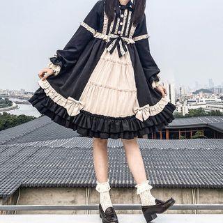 Long-sleeve Ruffled Two-tone Lolita Dress / Bonnet / Set