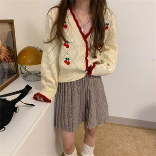 Puff-sleeve V-neck Contrast Trim Cherry Print Quilted Cropped Cardigan