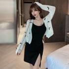 Spaghetti Strap A-line Mini Dress / Bow Accent Cardigan