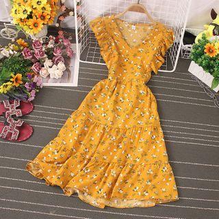 Sleeveless Ruffle Trim Floral Midi A-line Dress