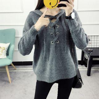 Lace Up Front Hooded Sweater