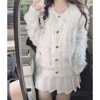 Fringed Trim Cardigan White - One Size