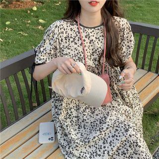 Short-sleeve Floral Print Midi Dress Beige - One Size