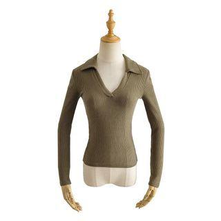 Long-sleeve Polo-neck Ribbed T-shirt