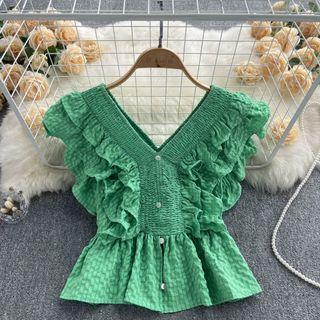 Sleeveless V-neck Ruffle Plaid Shirt Top