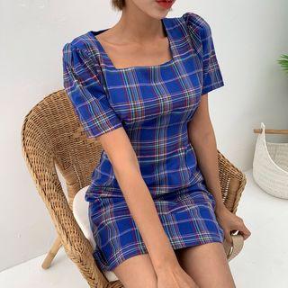 Square-neck Puff-shoulder Plaid Mini Dress