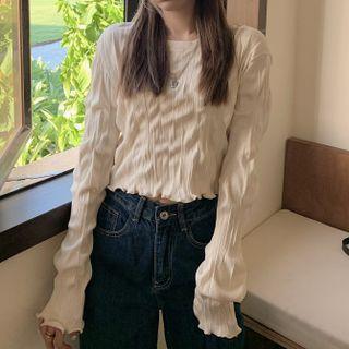 Ruched Wood Ear Trim Long-sleeve Cropped Top Almond - One Size