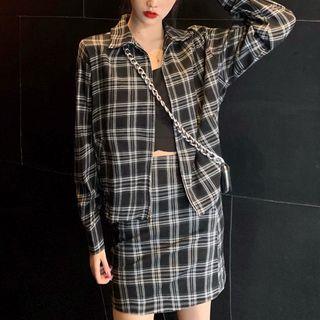 Long Sleeve Plaid Shirt / Plaid Mini A-line Skirt