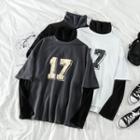 Mock Two-piece Color-block Turtle-neck Long-sleeve T-shirt